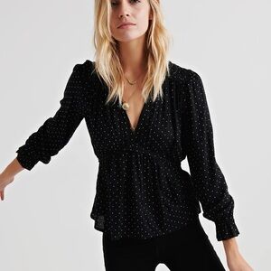 Lucky Brand Black Polka Dot V-Neck Peplum Top size M